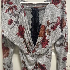 Maurices Gray Floral Knit Cardigan with Red and Brown Accents
